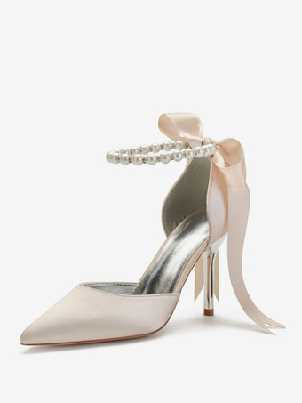 ウェディングシューズサテンホワイトポインテッドトゥ真珠戻るボウスティレットヒール足首パーティーシューズ