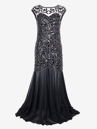 ブラック スパンコール付きプリーツ 1920 年代 華麗なるギャツビー セミシアー レトロ 20 年代 パーティー ドレス