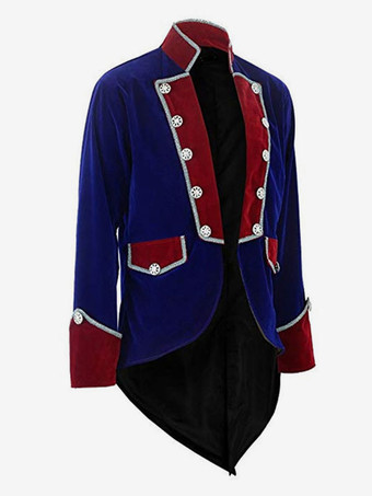 ブルーヴィンテージコート貴族スプリットフロントボタンツートンカラーベルベットオーバーコートビクトリア朝レトロ衣装用男