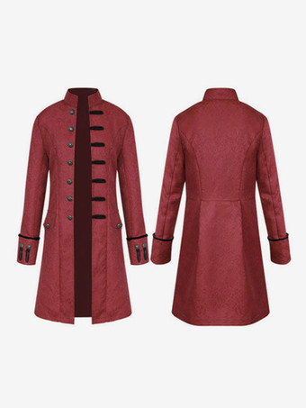 ダークレッド黒ミディ コート ヴィンテージ トップ ユーロ スタイル花柄長袖ポリエステル繊維オーバー コート レトロ衣装男 バーガンディ