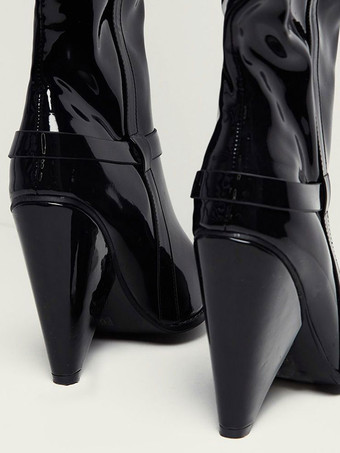 サイハイ ブーツ ポインテッドトゥ パテント レザー ブライト レザー コーン ヒール 女性用 ブラック