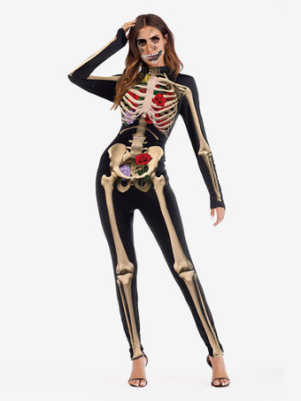 ハロウィンコスチュームスケルトン骨の花黒い女性長袖スキニージャンプスーツ