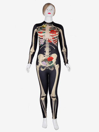 Monster-Strumpfanzug Halloween Faschingskostüm Karneval Kostüm Skelett Knochen Blumen Schwarz Frauen Langarm Skinny Overall Karneval Kostüm