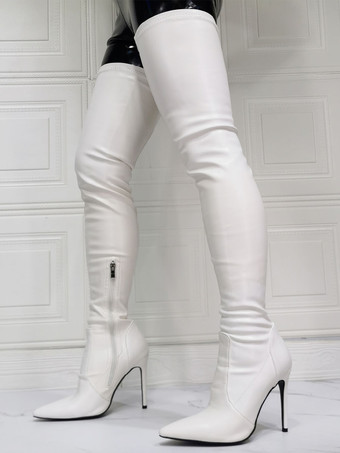 ホワイトセクシーなオーバーザニーブーツポインテッドトゥスティレットサイハイブーツUSサイズ5.5-12.5