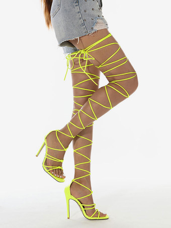 女性ヒールサンダルオープントゥスティレットヒールPUレザーレースアップサンダル