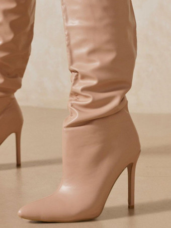 レディース スラウチ ブーツ ポインティトゥ スティレットヒール ワイド サイハイ ブーツ