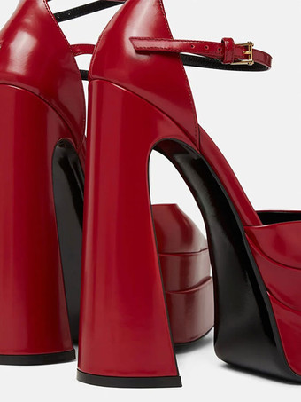 Escarpins à plateforme pour femmes Rouge Bout pointu Fermeture à boucle Bride à la cheville Talons hauts bloc