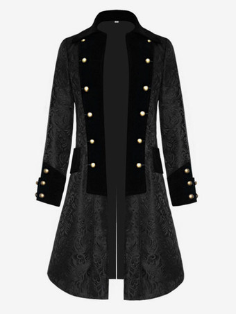 ブラックロングコートヴィンテージトップユーロスタイルフローラルプリント長袖ポリエステルファイバーオーバーコートレトロコスチューム男性用