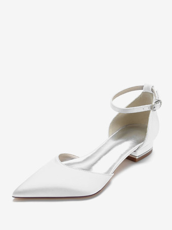 ホワイト 結婚式の靴サテンシャンパン先のとがったつま先ラインストーンブライダルシューズ