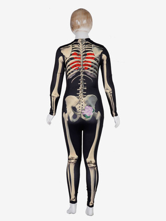 Monster-Strumpfanzug Halloween Faschingskostüm Karneval Kostüm Skelett Knochen Blumen Schwarz Frauen Langarm Skinny Overall Karneval Kostüm