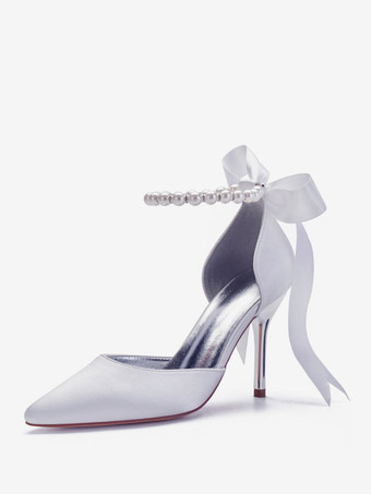 ウェディングシューズサテンホワイトポインテッドトゥ真珠戻るボウスティレットヒール足首パーティーシューズ