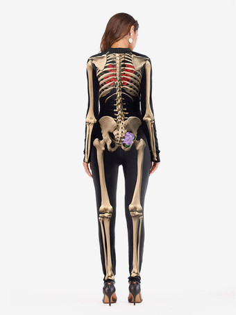 Monster-Strumpfanzug Halloween Faschingskostüm Karneval Kostüm Skelett Knochen Blumen Schwarz Frauen Langarm Skinny Overall Karneval Kostüm
