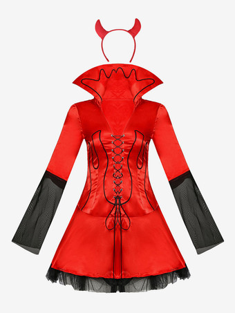 ハロウィン 女性デビルレッドポリエステル怖いショートドレスフルセットコスチューム