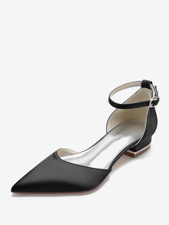 ブラック 結婚式の靴サテンシャンパン先のとがったつま先ラインストーンブライダルシューズ