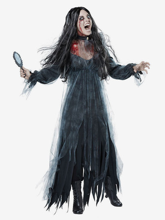 ハロウィン 女性のためのハロウィンゴースト花嫁コスチュームブラックレースロングドレスポリエステルホリデーデスコスチューム