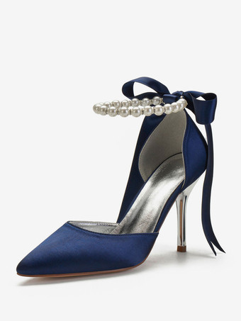 ウェディングシューズサテンホワイトポインテッドトゥ真珠戻るボウスティレットヒール足首パーティーシューズ