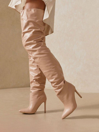 アプリコットレディース スラウチ ブーツ ポインティトゥ スティレットヒール ワイド サイハイ ブーツ