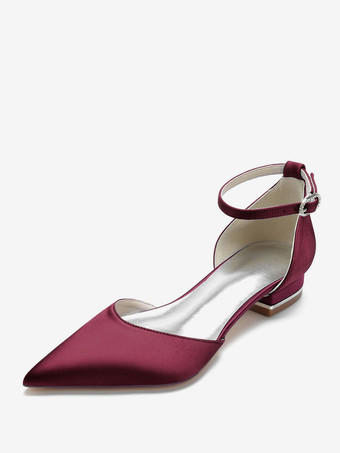 ワインレッド 結婚式の靴サテンシャンパン先のとがったつま先ラインストーンブライダルシューズ