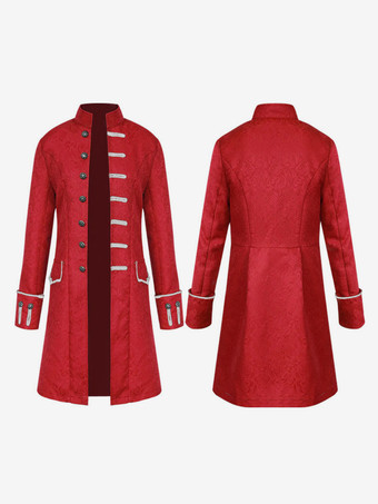 レッド 黒ミディ コート ヴィンテージ トップ ユーロ スタイル花柄長袖ポリエステル繊維オーバー コート レトロ衣装男 バーガンディ