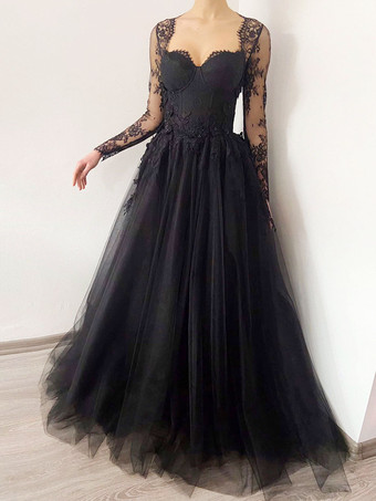 Черные свадебные платья Кружева A-Line с длинными рукавами Свадебное платье с шлейфом Бесплатная настройка