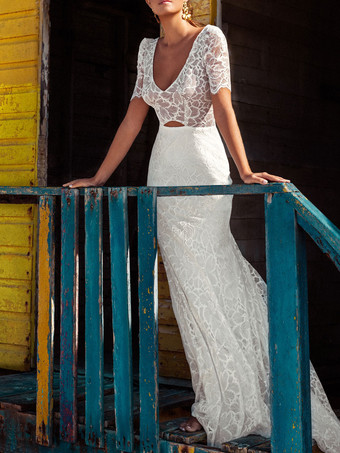 Ivory Boho Wedding Dress 2024 Lace Mermaid With Train Backless Short Sleeves V-Neck Wedding Dresses