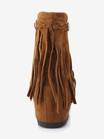 女性のボヘミアン ブーティー フリンジ ラウンド トゥ フラット カウガール ショート ブーツ