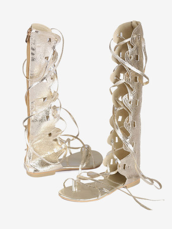 ゴールドグラディエーターサンダル　2025　女性　トゥーループ　レースアップ　サンダルシューズ　フラットサンダル