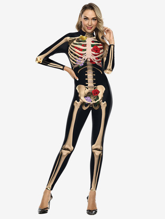 Coffee BrownWomen Halloween Jumpsuit Black Scary Skeleton Halloween Jumpsuit Lycra Spandex Catsuit Zentai