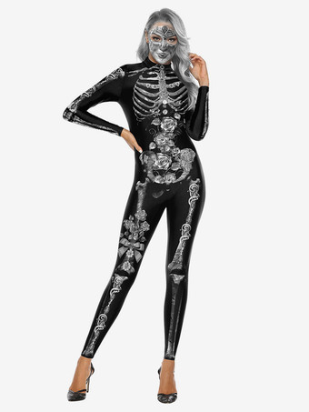 Black silverWomen Halloween Jumpsuit Black Scary Skeleton Halloween Jumpsuit Lycra Spandex Catsuit Zentai