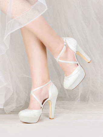 ブライダル パンプス クリスクロス ヴィンテージ チャンキー ヒール ウェディング シューズ プラットフォーム 女性