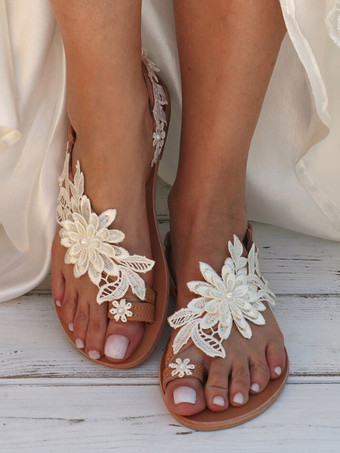 Zapatos de novia para mujer Sandalias de novia planas de encaje bordado