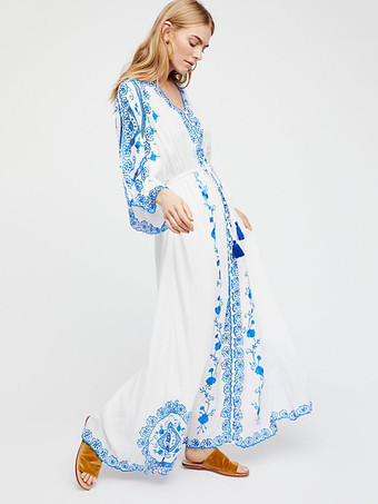 Boho Maxikleid mit V-Ausschnitt und langen Ärmeln Besticktes Sommerkleid