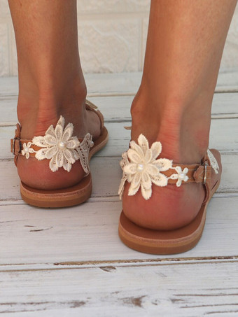 Damen Brautschuhe Bestickte Spitze Flache Brautsandalen