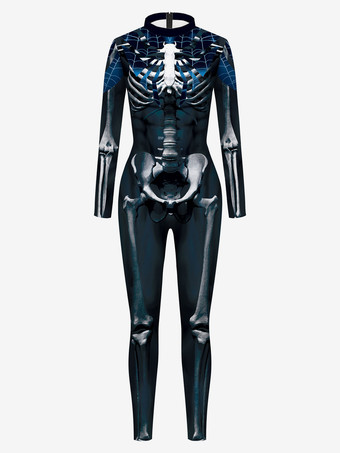 ディープブルーモンスター全身タイツ ハロウィン 女性ハロウィーンジャンプスーツブラックスライバレオタードスケルトンハロウィーン怖いライクラスパンデックスキャットスーツZentai