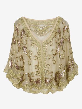 シャンパンカラーフラッパーガールズケープ　2025　1920s　グレート・ギャツビー　レトロスパンコールショールハロウィン