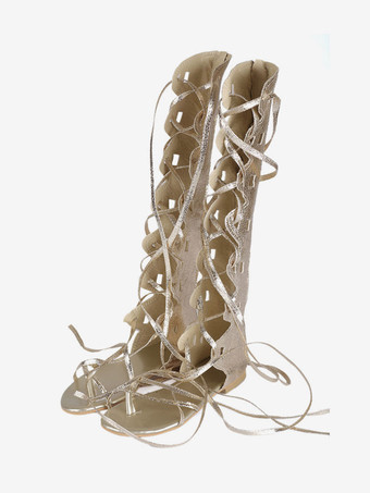 ゴールドグラディエーターサンダル　2025　女性　トゥーループ　レースアップ　サンダルシューズ　フラットサンダル