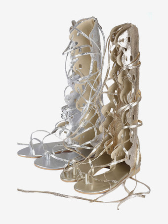 シルバー ゴールドグラディエーターサンダル　2025　女性　トゥーループ　レースアップ　サンダルシューズ　フラットサンダル