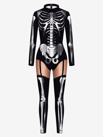 ブラックシルバーモンスター全身タイツ ハロウィン 女性ハロウィーンジャンプスーツブラックスライバレオタードスケルトンハロウィーン怖いライクラスパンデックスキャットスーツZentai