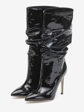 パテントPUアッパー スネークプリント ポインテッドトゥ スティレットヒール ブライトレザー ミッドカーフブーツ 女性用