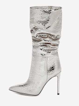 シルバー パテントPUアッパー スネークプリント ポインテッドトゥ スティレットヒール ブライトレザー ミッドカーフブーツ 女性用