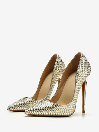 ハイヒール ポインテッドトゥ パンプス PU ゴールド 12cm スリップオン ピンヒール シューズ パンプス レディース靴 結婚式 二次会 通勤用 仕事 キャバ 卒園式 卒園式