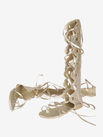 ゴールドグラディエーターサンダル　2025　女性　トゥーループ　レースアップ　サンダルシューズ　フラットサンダル