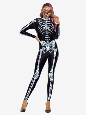 Royal BlueWomen Halloween Jumpsuit Black Scary Skeleton Halloween Jumpsuit Lycra Spandex Catsuit Zentai