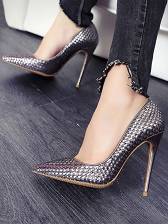 ハイヒール ポインテッドトゥ パンプス PU ゴールド 12cm スリップオン ピンヒール シューズ パンプス レディース靴 結婚式 二次会 通勤用 仕事 キャバ 卒園式 卒園式