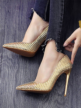 ハイヒール ポインテッドトゥ パンプス PU ゴールド 12cm スリップオン ピンヒール シューズ パンプス レディース靴 結婚式 二次会 通勤用 仕事 キャバ 卒園式 卒園式
