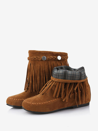 女性のボヘミアン ブーティー フリンジ ラウンド トゥ フラット カウガール ショート ブーツ