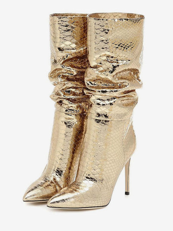 パテントPUアッパー スネークプリント ポインテッドトゥ スティレットヒール ブライトレザー ミッドカーフブーツ 女性用