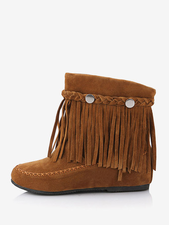 女性のボヘミアン ブーティー フリンジ ラウンド トゥ フラット カウガール ショート ブーツ