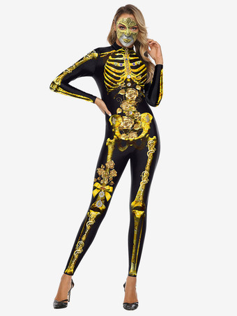 Black GoldWomen Halloween Jumpsuit Black Scary Skeleton Halloween Jumpsuit Lycra Spandex Catsuit Zentai