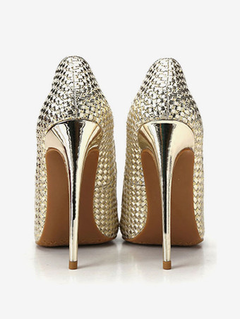 ハイヒール ポインテッドトゥ パンプス PU ゴールド 12cm スリップオン ピンヒール シューズ パンプス レディース靴 結婚式 二次会 通勤用 仕事 キャバ 卒園式 卒園式